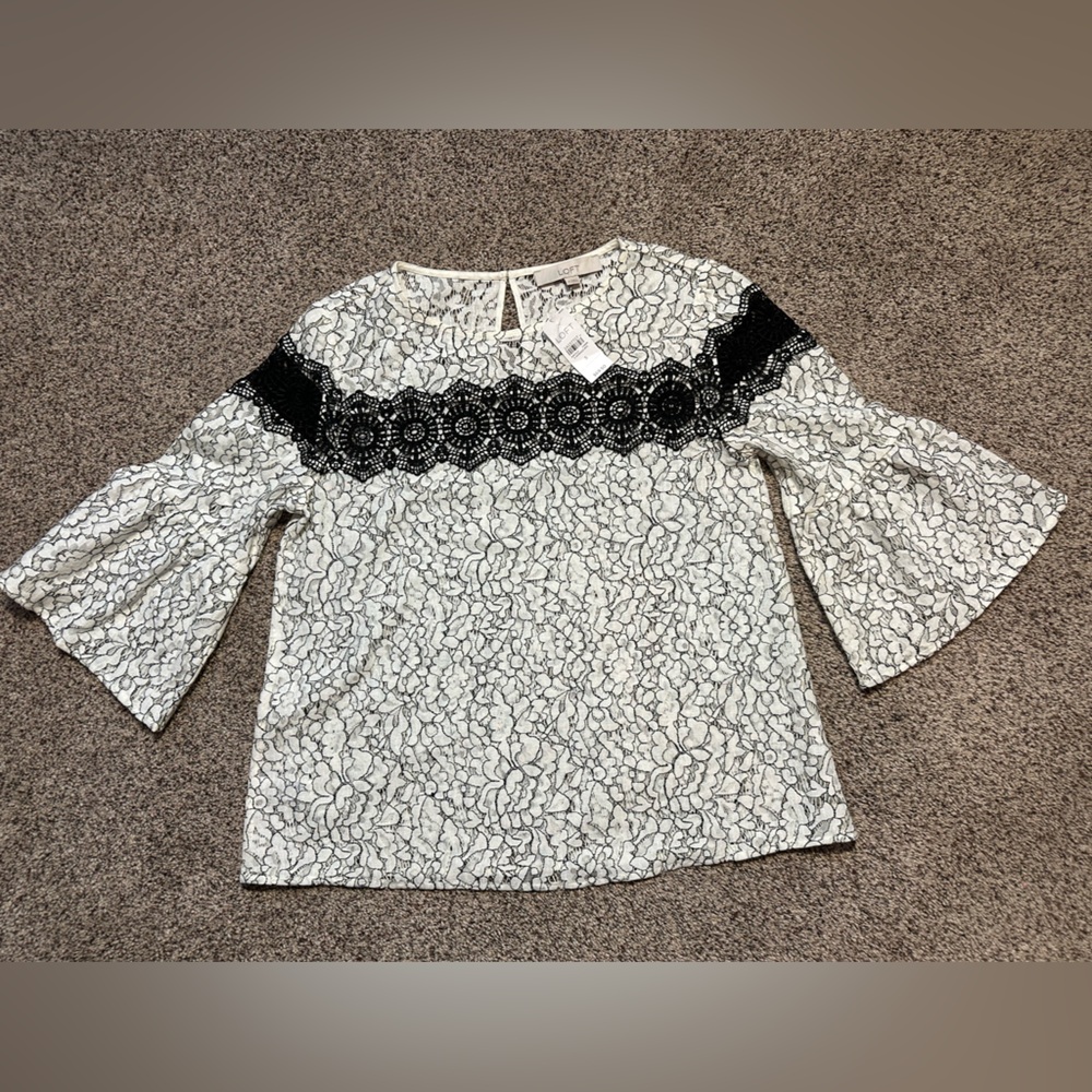 NWT Loft Black and White Lace Top with Bell Sleeves